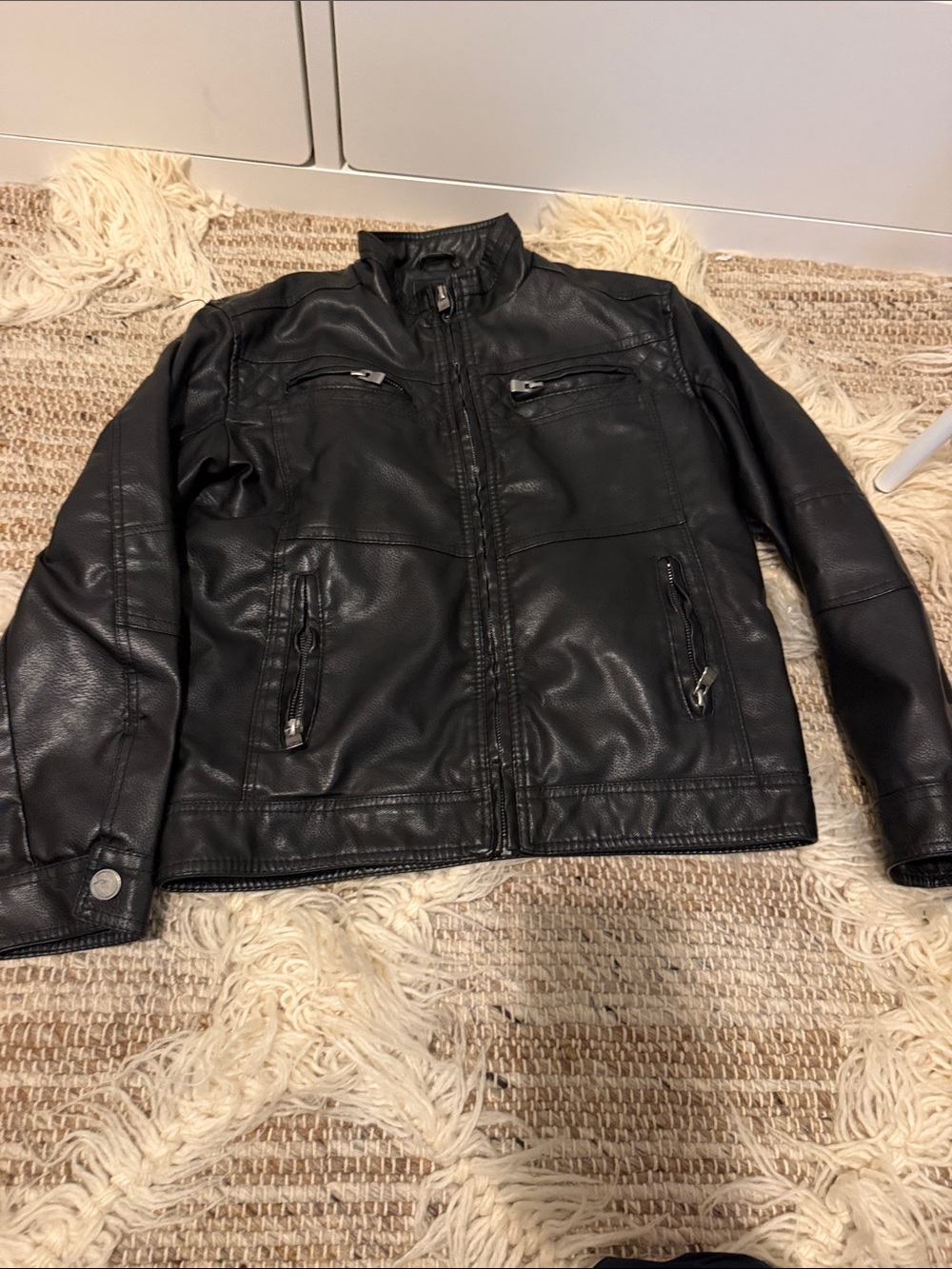 Kids Black Faux Leather Bomber Jacket with Zip Pockets